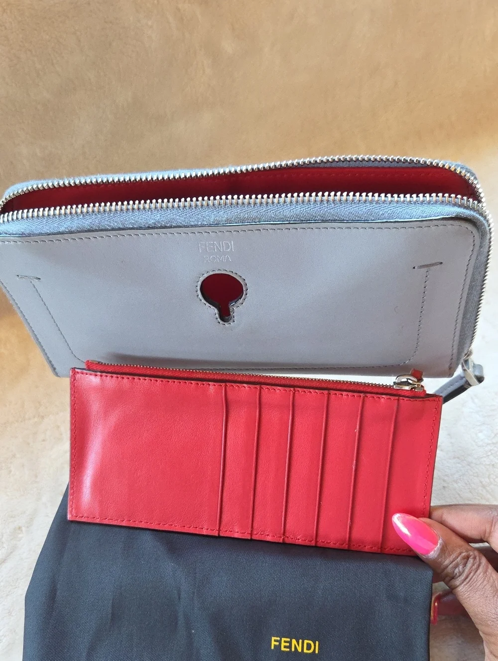 Fendi Light Gray Leather Zip Wallet with Coral Accent Button